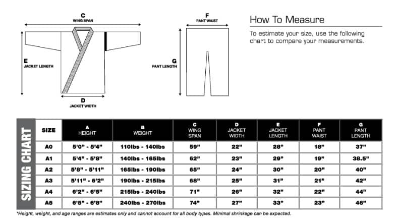 bjj gi size chart